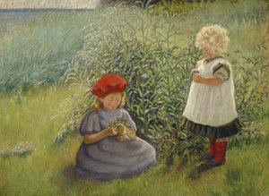 Çiçek toplayan iki kız (tuval üzerine yağlı boya) by Cathrine Zernichow