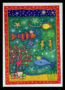 Fishy Christmas, 1997 (kağıt üzerinde wc ve pastel) by Cathy Baxter