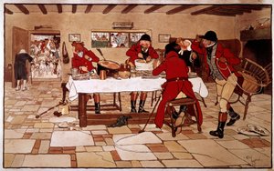 Üç güvercin atıştırmalığı. Avcılar, avlanmak için ayrılmadan önce hızlıca yemek pişirir ve yerler. Gravür Cecil Aldin (1870 -? ), İngiltere. Kol. Anlaştık mı by Cecil Charles Windsor Aldin