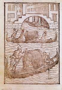 15. yüzyılda Venedik lagünündeki gondollar Cesare Vecellio (1521-1601) tarafından "" Antik ve modern giysilerden "" gravürü 1590 Venedik Biblioteca Marciana by Cesare (after) Vecellio