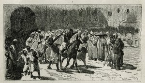 bir hırsızın cizyesi, bir katıra tırmanır, kalabalığın tonları altında copları alır, C.Biseo tarafından, Edmondo de Amicis'in 1875'te Tour du monde'da yayınlanan Le Maroc hikayesini göstermek için gravür. Edouard Charton'ın yönü