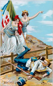 Birinci Dünya Savaşı: Almanya'yı sınırın ötesinde kovalayan İtalya ve Fransa'nın bir alegorisini betimleyen poster. Çizim Cesare Tallone (1853-1919) Özel koleksiyon by Cesare Tallone