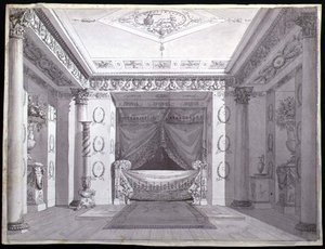 Empire Yatak Odası Tasarımı, c.1810 (kağıt üzerine kalem ve mürekkep ve sulu boya) by Charles (attr. to) Percier