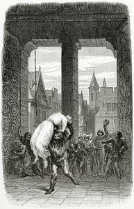 Quasimodo, Esmeralda'yı idamdan kurtarıyor - Notre Dame de Paris'ten bir illüstrasyon, 19. Yüzyıl (bw gravürü) by Charles Alexandre Lesueur