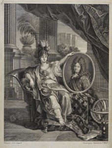 Louis XIV (1638-1715), Fransa Kralı, Bilimlerin Koruyucusu - Antoine Coypel tarafından “Kraliyet Bilimler Akademisi Tarihi”nde gravür 1703 by Charles Antoine (after) Coypel