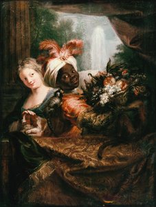 Bir Meyve Sepeti Tutan Genç Siyah Adam ve Bir Köpeği Okşayan Genç Bir Kız by Charles Antoine Coypel