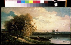 ""La berge"" (Sahil) Bir balıkçı ve bir köylü kadının olduğu nehir kenarı manzarası. Charles Barthelemy Jean Durupt (1804-1838) tarafından yapılan boyama 19. yüzyıl Mikhail Kroshitsky Sanat Müzesi, Sivastopol (Sivastopol) Ukrayna by Charles Barthelemy Durupt