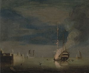 Bir Kalenin Dışında Geceleri Yanan İki Katlı Bir Araç by Charles Brooking