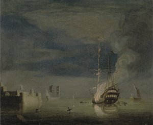 Bir Kale Açıklarında Geceleri Yanan İki Katlı, 1740 dolayları (tuval üzerine yağlı boya) by Charles Brooking