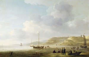 Sahilde Balık Tutma Pembeleri ile Scheveningen Yakınlarındaki Sahil (tuval üzerine yağlı boya) by Charles Brooking