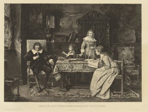 Bir koltukta oturan Milton, kızlarından birine kaybettiği cennetini yazdırır. Den r.r.h. Munkacsy