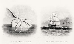 George Cooke (1781-1834) tarafından oyulmuş dev bir kalamar ve denizde iki gemi by Charles Curtis