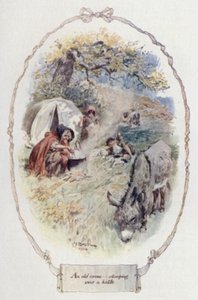 Bir su ısıtıcısının üzerine eğilen yaşlı bir kocakarı (renkli taş) by Charles Edmund Brock