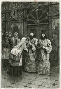 Henri Belle'in 1861, 1868 ve 1874'te Yunanistan'a yaptığı seyahati tasvir etmek için Ch.Delort tarafından yapılan gravür, Edouard Charton yönetiminde tur du monde'da yayınlanmıştır. by Charles Edouard Delort