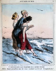 Denizde yıkanmak için iki genç bayana eşlik eden geleneksel adam, 1850-70 dolayları (renkli taş)
