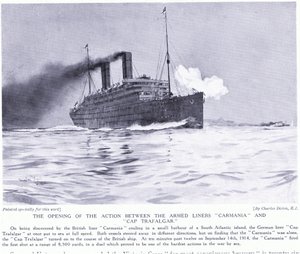 Silahlı gemiler Carmania ve Cap Trafalgar, Güney Atlantik, Eylül 1915 arasındaki açılış eylemi by Charles Edward Dixon