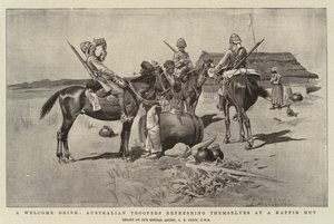 Bir Hoş Geldiniz İçeceği, Avustralyalı Askerler bir Kaffir Kulübesinde kendilerini yeniliyor by Charles Edwin Fripp