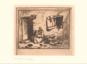 Bir cepheye karşı bir bankta çocuğu olan kadın by Charles Emile Jacque (attributed to)