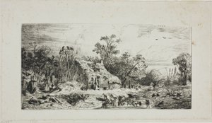 Thatched Kulübeler ile Manzara by Charles Emile Jacque