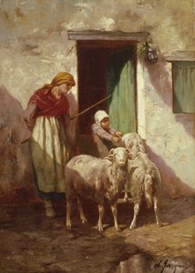Çocuklu ve İki Koyunlu Çoban by Charles Emile Jacque