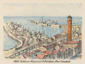 Güney Afrika: 1820 Yerleşimciler Anıtı ve Liman, Port Elizabeth (renkli taş baskı) by Charles Ernest Peers