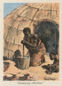 Güney Afrika: "Stamping Mealies" (renkli lito) by Charles Ernest Peers