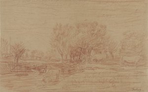 Otlayan ve içen inekler ve izleyen bir boğa ile manzara by Charles Francois Daubigny