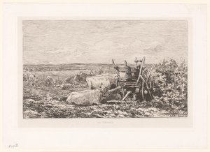 Üzümler arasında dinlenme sığırları ile manzara Vendanges. (nesne üzerindeki başlık) by Charles Francois Daubigny