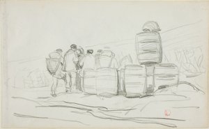 Fıçıları Olan Bir Grup İnsan Çalışması (recto); Toplayıcı Bir Kadının İki Çalışması (verso) by Charles Francois Daubigny