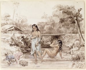Tahitians Bathing, 1844 (kalem ve kağıt üzerinde yıkama) by Charles Giraud