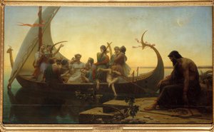 Kayıp illüzyonlar veya akşam Çıkış yapan bir drakkardaki karakterleri betimleyen alegorik bir sahne, bir adam lir ile iskelede kalır. Charles Gleyre (1806-1874) 19. yüzyıl Güneşi tarafından yapılan resim. 1,56x2,38 m