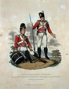 Grenadiers ve Hafif Piyade 29. veya Worcestershire Piyade Alayı'nın Evde Nöbetçi, 'Britanya İmparatorluğu Ordusu Kostümleri, 1812'deki son düzenlemelere göre', oyulmuş b by Charles Hamilton Smith