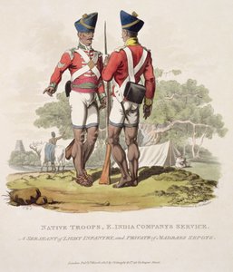 ಈಸ್ಟ್ ಇಂಡಿಯಾ ಕಂಪನಿಯ ಸೇವೆಯಲ್ಲಿ ಸ್ಥಳೀಯ ಪಡೆಗಳು: 1815 (ಅಕ್ವಾಟಿಂಟ್) ಟರ್ಕ್‌ನ ಜೋಸೆಫ್ ಕಾನ್‌ಸ್ಟಂಟೈನ್ ಸ್ಟಾಡ್ಲರ್‌ನಿಂದ ಕೆತ್ತಲ್ಪಟ್ಟ ಲಘು ಪದಾತಿದಳದ ಸಾರ್ಜೆಂಟ್ ಮತ್ತು ಮದ್ರಾಸ್ ಸಿಪಾಯಿಗಳ ಖಾಸಗಿ