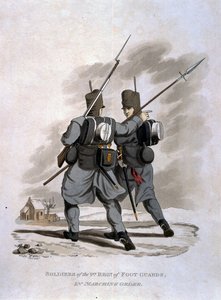 JC Stadler tarafından oyulmuş, Colnagh tarafından yayınlanan 'Britanya İmparatorluğu Ordusu Kostümleri, 1812'deki son düzenlemelere göre', Yürüyüş Düzeninde 1. Ayak Muhafızları Alayı'nın askerleri by Charles Hamilton Smith