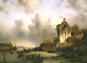 Bir rıhtım tarafından balıkçılar ile bir haliç by Charles Henri Joseph Lieckert