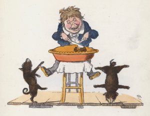 Evcil köpeği akrobatik hareketler yaparken pasta yiyen çocuk (renkli gravür) by Charles Henry (after) Bennett