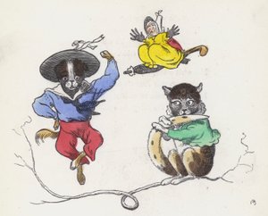 Dame Trottypeg ve evcil kedisi ve köpeği (renkli gravür) by Charles Henry (after) Bennett