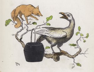 Tilki ve kuyruğu tutkalla doldurulmuş bir kaz (renkli gravür) by Charles Henry (after) Bennett
