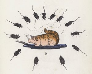 Aç farelerle çevrili bir tabakta obur kedi (renkli gravür) by Charles Henry (after) Bennett