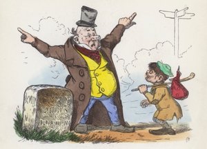 Londra yolunda bir gezgine kafa karıştırıcı yönler veren adam (renkli gravür) by Charles Henry (after) Bennett