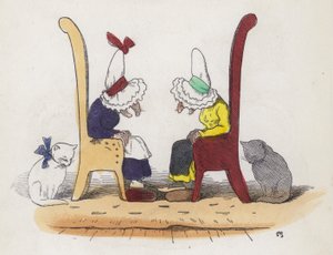 Konuşurken uykuya dalan iki yaşlı kadın (renkli gravür) by Charles Henry (after) Bennett
