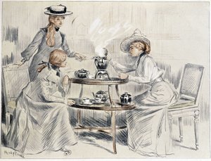 Küçük bir semaverin etrafında çay içen bayanlar - çizim Henri Tenré, ca. 1910