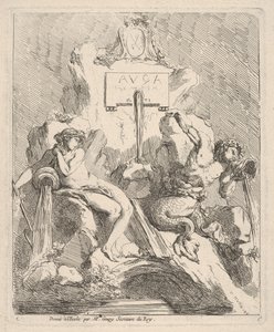 Solda oturan bir perisi ve ağzına bir deniz kabuğu tutan tritonlu bir çeşme tasarımı ..., 1768. by Charles Hutin