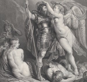 Başına bir defne çelengi yerleştiren Zafer tarafından taçlandırılmış kahraman, Venüs ve Aşk Tanrısı..., ca. 1735-61. by Charles Hutin