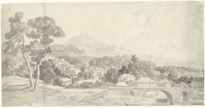 Bir köprünün yanında bir şehir manzarası by Charles Joseph Natoire (attributed to)
