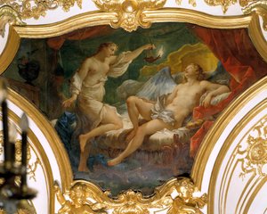 Psyche, karısı Eros'u (ya da Aşkı) düşünmek için lambasını kaldırıyor Charles Joseph Natoire (Charles-Joseph Natoire) tarafından yapılan tavan resmi by Charles Joseph Natoire