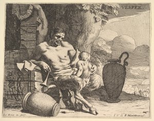 Akşam: oturan bir satir çocuğunu yakalar, bir figür bir çelenk asar bir rıhtım ötesinde, f..., yakl. 1640. by Charles Le Brun