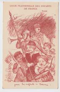 Kartpostal, Renkli Hiciv: Fransa Çocuklarının Kardeş Birliği - 14-18 Savaşı, Çocukluk, Vatanseverlik Günleri Çizimi, Charles Leandre (1862-1934) by Charles Leandre