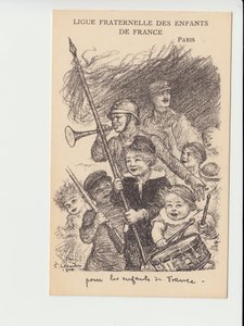Kartpostal, Siyah Beyaz Hiciv: Fransa Çocuklarının Kardeş Birliği - 14-18 Savaşı, Müzik, Çocukluk, Fransa Çocuklarının Kardeş Birliği - Askerler İllüstrasyonu Charles Leandre (1862-1934) by Charles Leandre