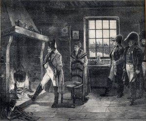 İmparator Napolyon I kar manzarasında odun ateşinde kendini ısıtıyor - 1814